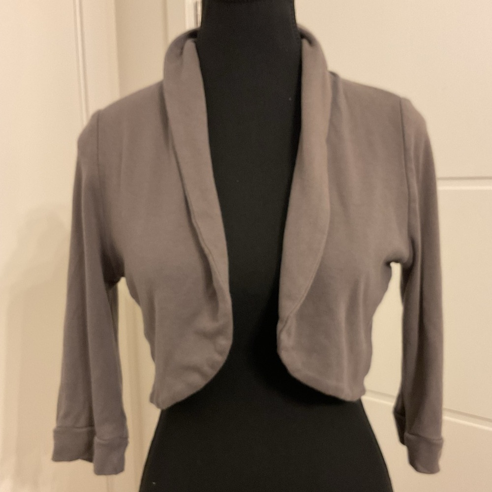 Jennifer Fukushima Elegant Charcoal Soft Cropped Shrug with 3/4 sleeves.